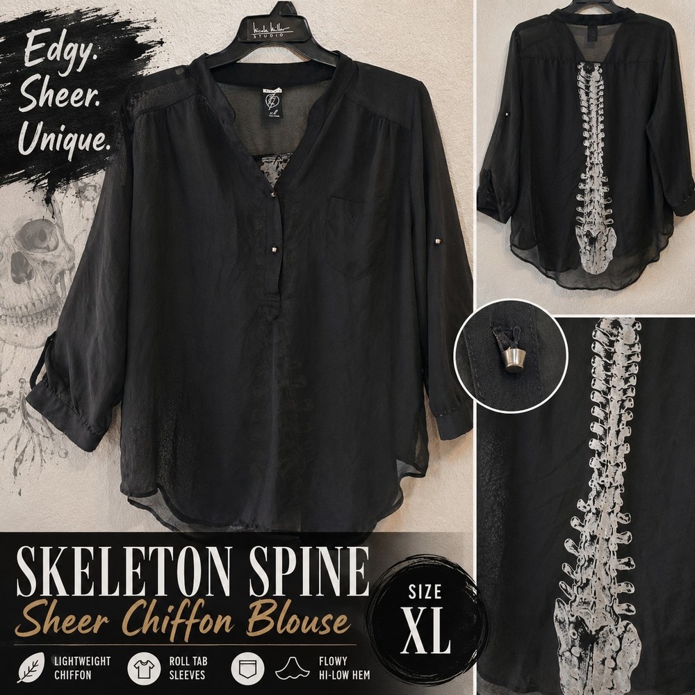 Iron Fist XL Black Skeleton Spine Back Sheer Hi Low Blouse Goth Punk Metal Swim